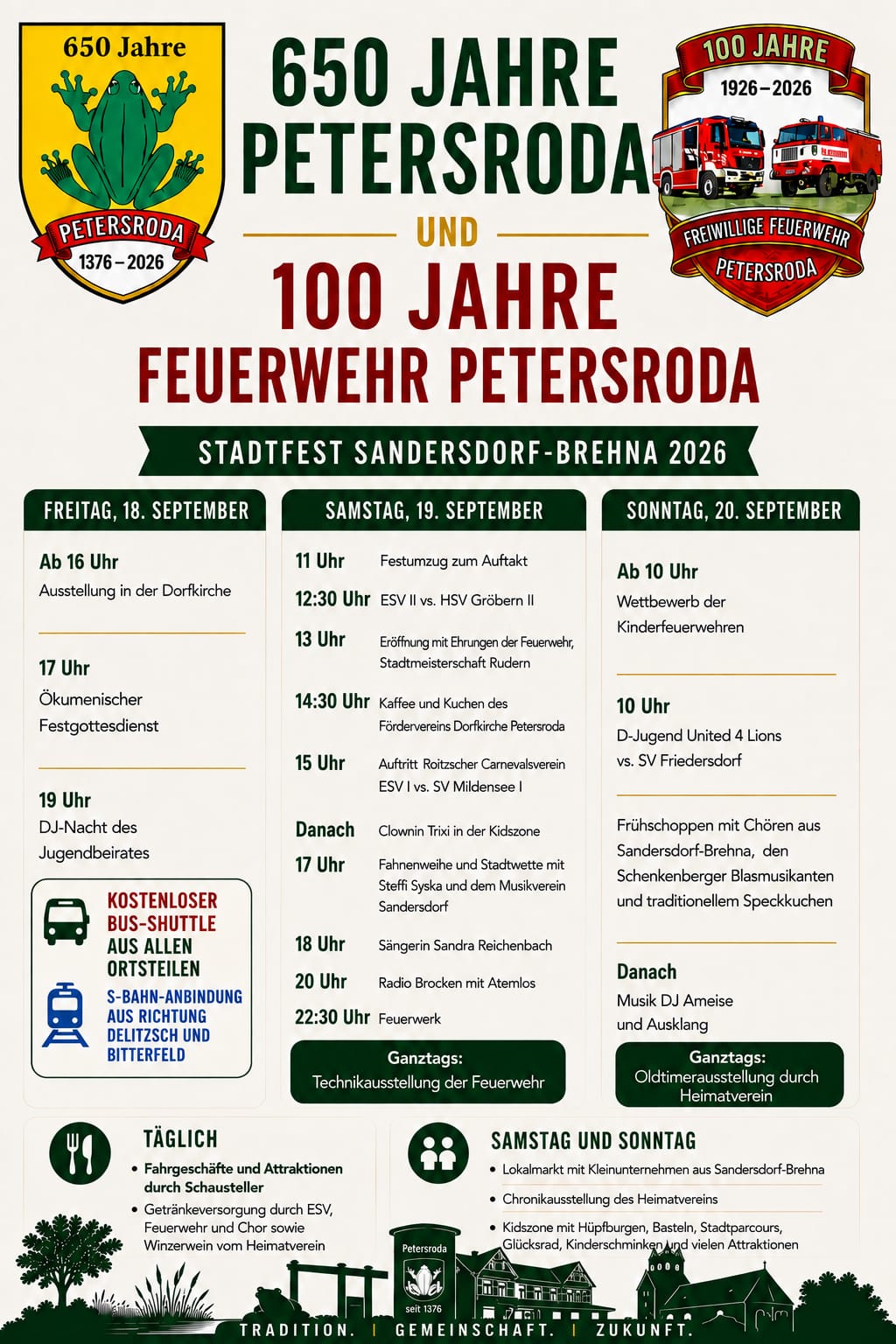 Ablaufplan: 650 Jahre Petersroda und 100 Jahre Freiwillige Feuerwehr Petersroda, Stadtfest vom 18. bis 20. September 2026.